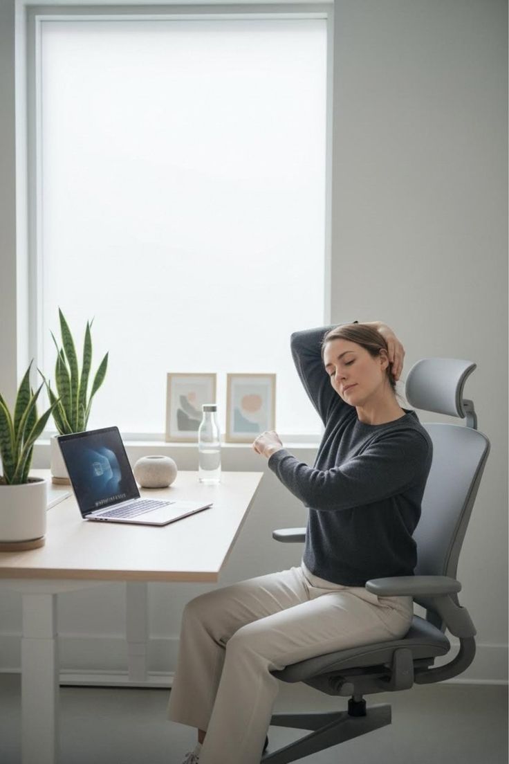 Illustrated diagram showing proper neutral sitting posture at a computer workstation with labeled body alignment points