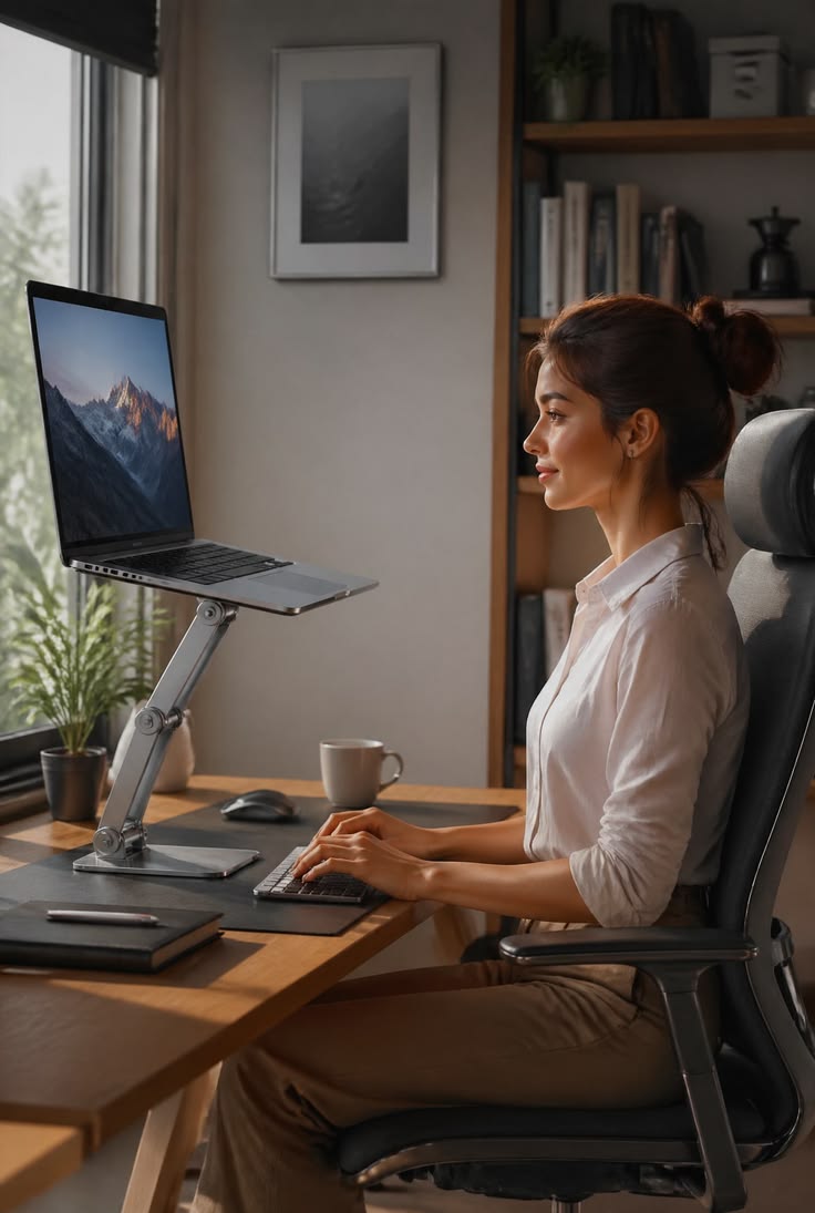 Annotated photo showing proper ergonomic office chair adjustments including seat height, lumbar support, and armrest positioning